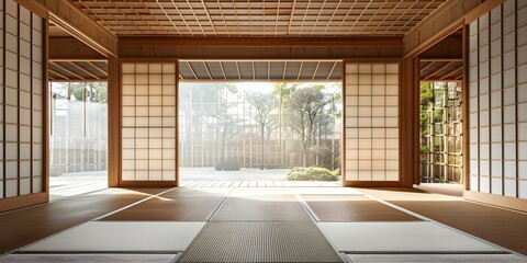Delivery of Japanese tatami mats in a serene and minimalistic room with clean design. Concept Tatami Mats, Japanese Decor, Serene Spaces, Minimalistic Design, Clean Aesthetic