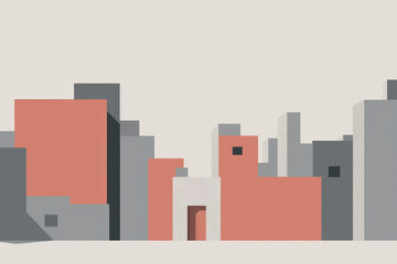 Naklejka premium A simple, minimalist cityscape with flat, geometric buildings. In the middle of the city, a single door stands out, perhaps in a different color, emphasizing its significance amidst the uniformity 