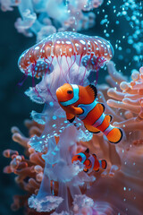 Clownfisch im Wasser mit Qualle