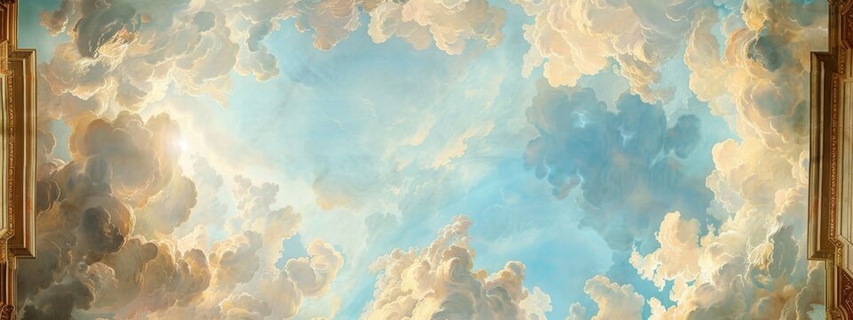 Baroque Style Ceiling Mural Featuring Blue Sky and Heavenly Scene, Artistic and Aesthetic Architectural Design, High-Resolution AI-Generated Wallpaper and Background