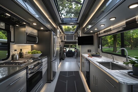 Modern campervan with luxurious interior featuring full kitchen and cozy living space. Natural light floods in through large windows and skylights. Ideal for travel and leisure. Generative AI