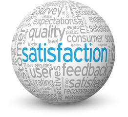 SATISFACTION gray and blue word cloud on sphere with drop shadow on transparent background