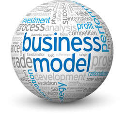 BUSINESS MODEL word cloud on sphere with drop shadow on transparent background