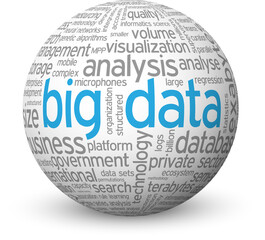 BIG DATA blue and gray word cloud on sphere with drop shadow on transparent background