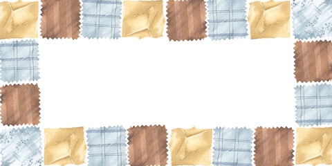 Multi-colored pieces of fabric for sewing and needlework. Watercolor illustration. Horizontal banner. Patchwork sewing. For background design, packaging, labels