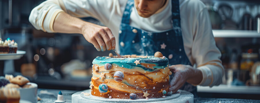 A baker decorating a cake with intricate designs inspired by celestial bodies, featuring stars, planets, and galaxies.