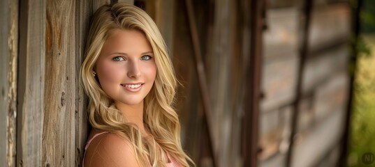 Fototapeta premium Blonde woman in pink dress smiling under sunlit window, emanating radiance and joy