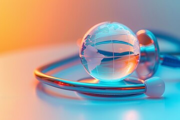 A glass globe resembling Earth rests on a shiny stethoscope. The warm and cool lighting creates a conceptual theme. This is a health-focused, medical-style photo, ideal for global healthcare articles