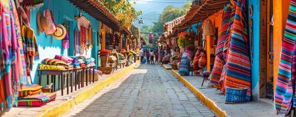 Fototapeta premium A vibrant street market with colorful stalls selling textiles and handicrafts.