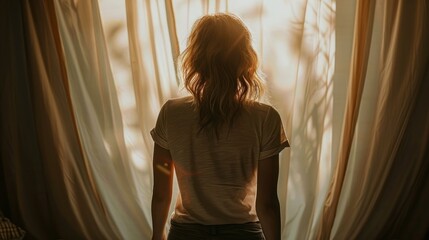 Obraz premium A Woman Waking Up And Getting Out Of Bed To Open The Curtain, High Quality, HD