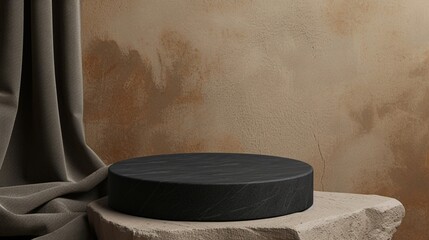 Elegant Black Marble Display Pedestal on Textured Beige Background. Generative AI