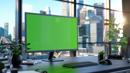 Fototapeta premium A computer monitor with a green screen is displayed on a desk in an office. There's a glass wall in the background with a bustling city view.