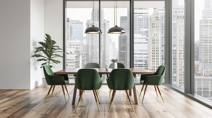 Light-filled dining room with a wooden table and chairs