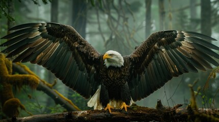 An eagle sits on a branch with its wings beautifully spread out