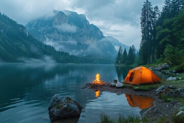 A cozy campsite by a lake, with a tent, campfire, and mountains reflected in the still water. 