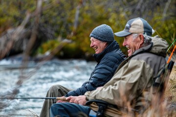 Fototapeta premium An older couple enjoys a peaceful fishing session on the banks of a serene river