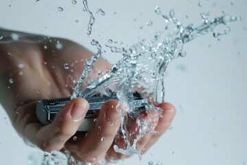 A modern razor surrounded by water splashes against a clear background
