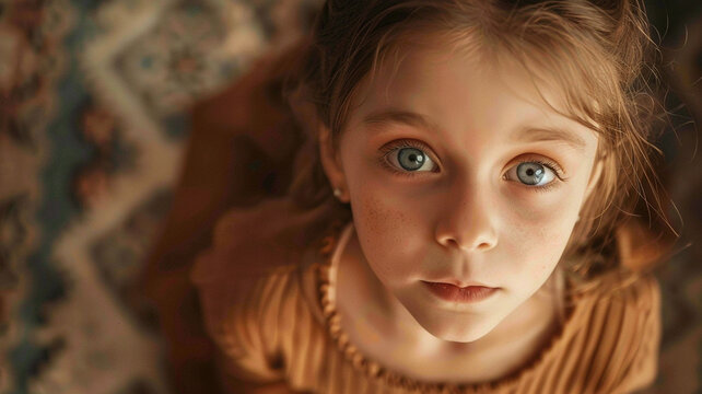 A girl with piercing blue eyes, staring confidently at the camera, conveying a blend of curiosity and confidence in her gaze.