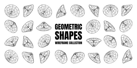 Wireframe lined shapes. Perspective mesh, 3d grid. Low poly geometric elements. Retro futuristic design elements, y2k, vaporwave and synthwave style. Vector illustration