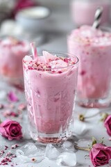 Pink floral drink in crystal glass with flowers in the background.