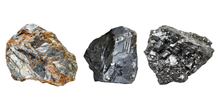 Set of raw molybdenum ore, isolated on transparent white background