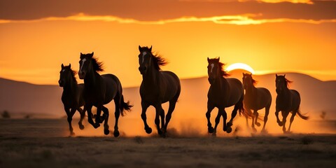Fototapeta premium Silhouetted wild horses running on plain at sunset. Concept Wild Horses, Panoramic Sunset, Silhouettes, Nature Photography, Animal Behavior