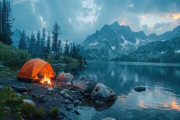 A cozy campsite by a lake, with a tent, campfire, and mountains reflected in the still water. 