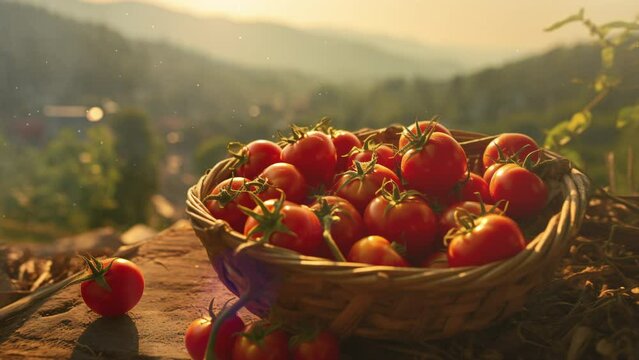 Video recreation of tomatoes in a basket at sunset	