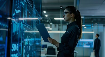 Woman sitting at a computer. IT engineer is working on an advanced AI system in the control room of her company, while watching real-time data curves displayed on large screens in front of her.