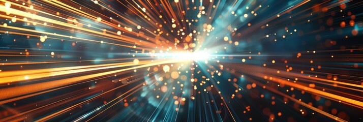 Fototapeta premium A futuristic background with an explosion of orange and blue lights, creating a dynamic effect. This abstract design is perfect for backgrounds or web pages related to technology