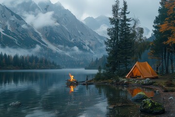 A cozy campsite by a lake, with a tent, campfire, and mountains reflected in the still water. 