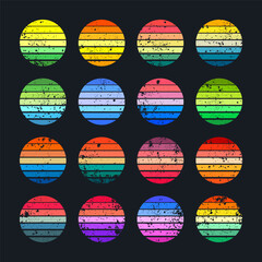 Grunge vintage sunset collection. Colorful striped sunrise badges in 80s and 90s style. Sun and ocean view, summer vibes, surfing. Design element for print, logo or t-shirt. Vector illustration