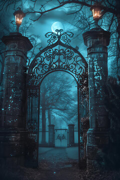 Gothic style gate with lanterns, dark blue night sky, gothic garden or cemetery background, goth vibes, dark theme, fantasy art style, moon light shining through the trees, Halloween