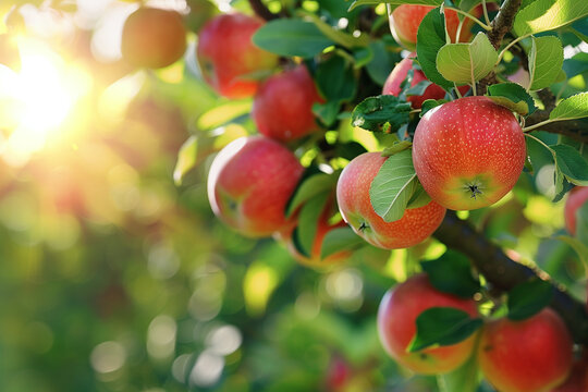Sunlit Red Apples on a Tree Branch