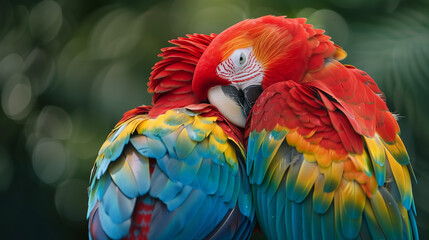 Fototapeta premium Two parrots are sitting on a branch, one is red and the other is blue. The parrots are looking at the camera