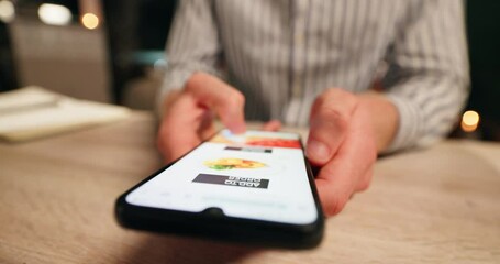 Hands, phone and man scroll on menu with online restaurant order for dinner, lunch or supper. Technology, ingredients and male person with ecommerce groceries app for delivery on cellphone at house.