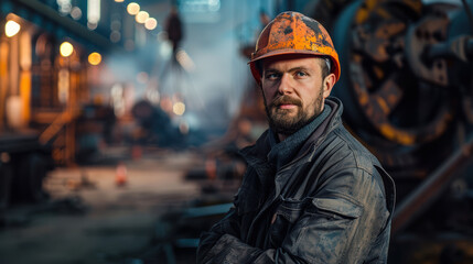 Portrait of a steelworks industry worker, with  helmet on industrial site. Industrial concept.