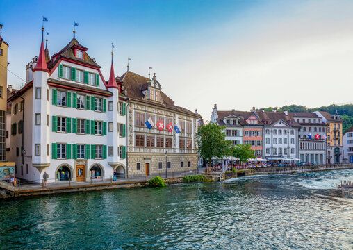 Spreuerbrucke and Lucerne Town Hall near Reuss River in Lucerne