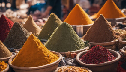 A bustling market in Marrakech with spices and textiles

