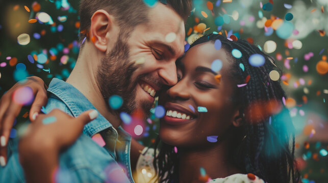 Portrait of a happy biracial couple in love at a party with confetti falling on them. Black woman hugging her caucasian boyfriend at a celebration. Colorful confetti at birthday party. Engagement.