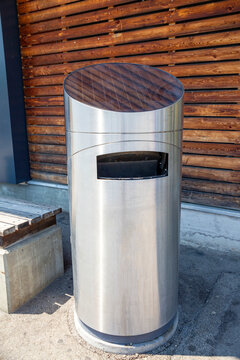 Public garbage bin with sonar panel on sunny day