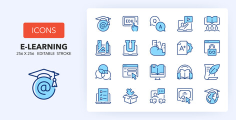 Line icons about online education. Contains such icons as e-learning, virtual campus, unlimited access and more. 256x256 Pixel Perfect editable in two colors