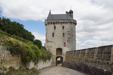 Château de Chinon on the bank of the river Vienne in Chinon. Tour de l'Horloge (Clock Tower), wall, ruins and gardens. Summer, June, France