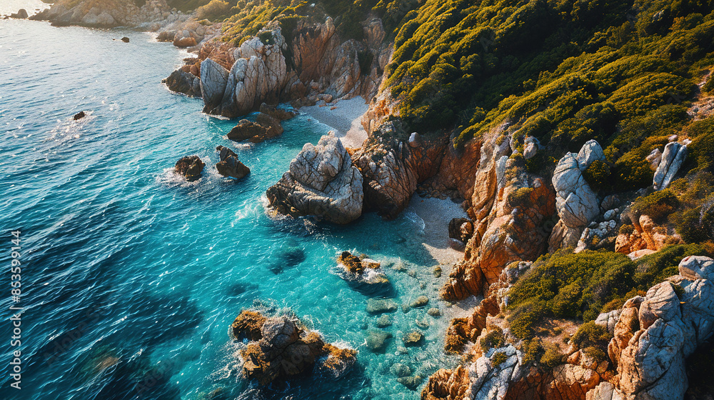 Poster Minimalistic Tropical Island Beach Aerial View Of Landscape Background