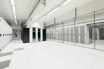 Illuminated server room of data center