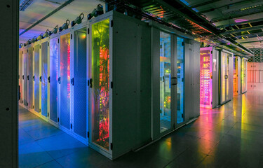 Multi colored network server room of data center