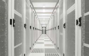 Illuminated network server room at data center