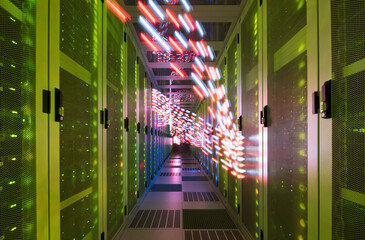 Illuminated network waves traveling inside of data center