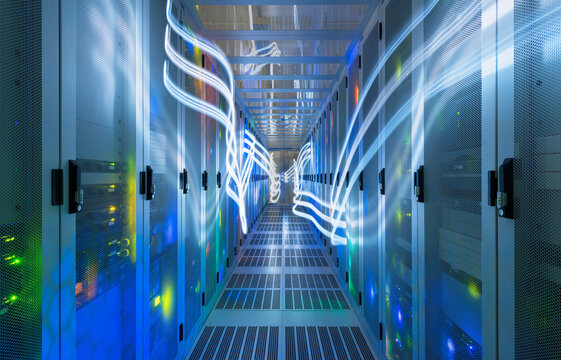 Network waves in server room of data center