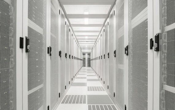 Illuminated network server room at data center